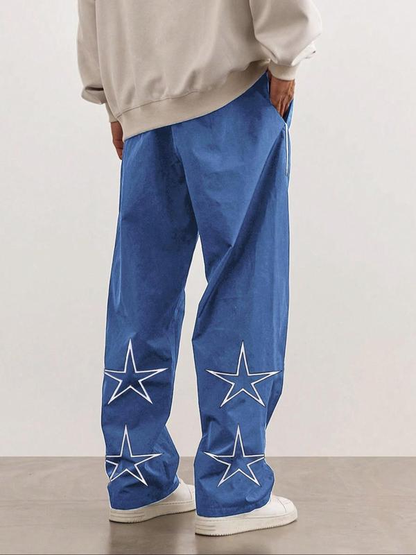 Men's Letter Patched Star Print Drawstring Waist Pants, Casual Comfy Pocket Straight Leg Trousers for Daily Wear, Fashion Men's Bottoms for All Seasons