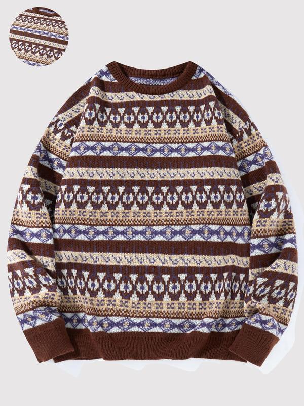 Men's Ethnic Pattern Drop Shoulder Sweater Pullover, Casual Regular Fit Long Sleeve Round Neck Jumper for Fall & Winter, Men's Knitwear for Daily Wear