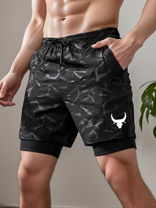 Men's Geometric & Bull Print Drawstring Waist 2 IN 1 Shorts, Regular Fit Casual Pocket Shorts for Summer, Men's Bottoms for Daily Wear