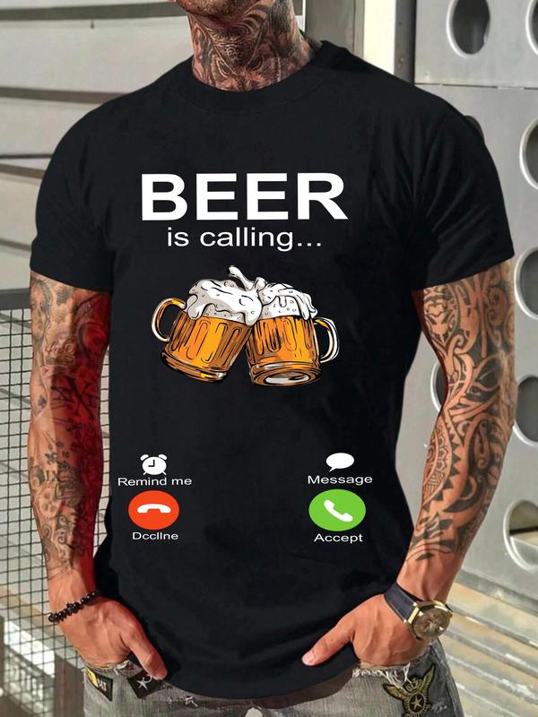 Men's Beer & Letter Graphic Round Neck Shortsleeve Tee, Back To School Streetwear Casual Comfy Soft Regular Fit Short Sleeve Crewneck T-shirt for Summer, T Shirts for Men, Graphic Tees, Knitting Top for Men, Menswear,  Birthday Gifts