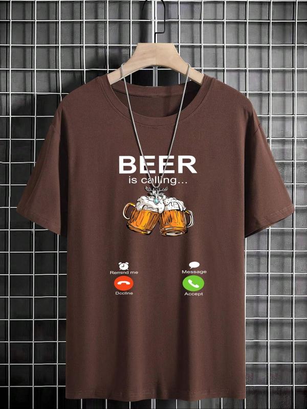 Men's Beer & Letter Graphic Round Neck Shortsleeve Tee, Back To School Streetwear Casual Comfy Soft Regular Fit Short Sleeve Crewneck T-shirt for Summer, T Shirts for Men, Graphic Tees, Knitting Top for Men, Menswear,  Birthday Gifts