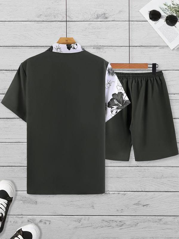 Two-Piece Set Men's Regular Fit Colorblock Floral Print Back To School Shirt & Drawstring Pocket Shorts Set, Men's 2 Piece Short Set, Men's Designer Outfits Set, Button Front Shirt & Elastic Waist Shorts, Boho Casual Men's Two-piece Outfits for Summer