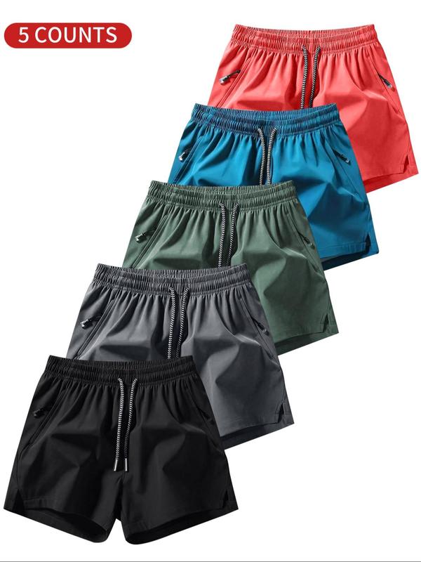 Men's Solid Drawstring Waist Split Hem Shorts, Casual Breathable Athleisure  Active Wear  Zipper Pocket Shorts Sports Wear for Summer, Daily Wear Shorts for Men, Athletic Wear Gym Shorts