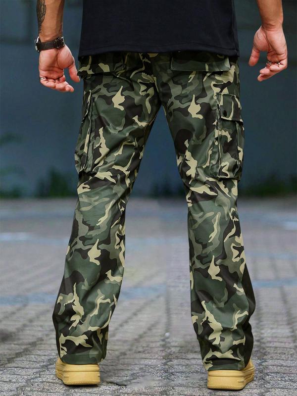 Men's Camo Print Drawstring Waist Cargo Pants, Regular Fit Street Fashion Pocket Split Hem Trousers, Pants for Men, Men's Back To School Bottoms for All Seasons Daily Wear, Fall Outfits, Fallfreshness