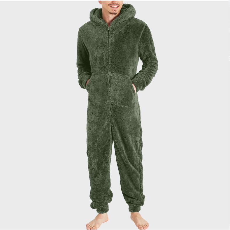 New Men's Fleece-lined Thick Furry Jumpsuit Hooded Pajamas Men's Clothing