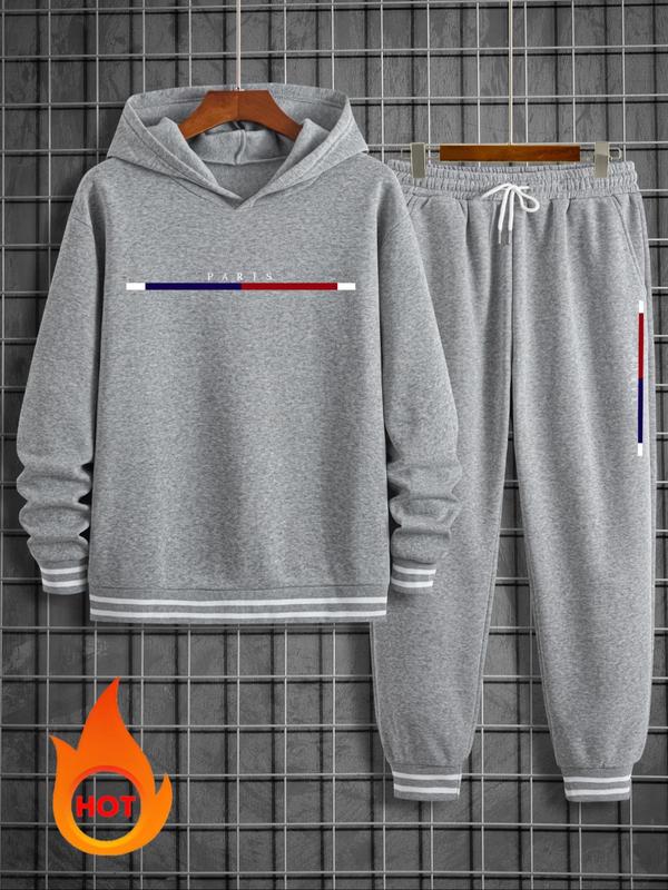 Two-piece Set Men's Letter Print Drop Shoulder Thermal Lined Hoodie & Drawstring Waist Sweatpants, Casual Fashion Cozy Breathable Two Piece Outfits for Daily Outdoor Wear, Men Clothes for Fall & Winter