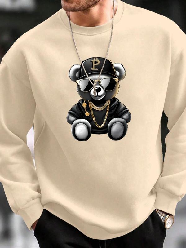 Men's Cartoon Bear Print Drop Shoulder Thermal Lined Sweatshirt, Regular Fit Casual Long Sleeve Round Neck Pullover for Fall & Winter, Men's Clothes for Daily Wear