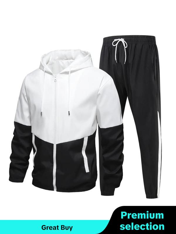 2 Pieces Men's Colorblock Print Hooded Jacket & Drawstring Waist Pants Set, Streetwear, Casual Regular Fit Hooded Outwear & Jogger Pants For Daily Wear, Men Two-piece Outfits, Please Purchase A Size Up