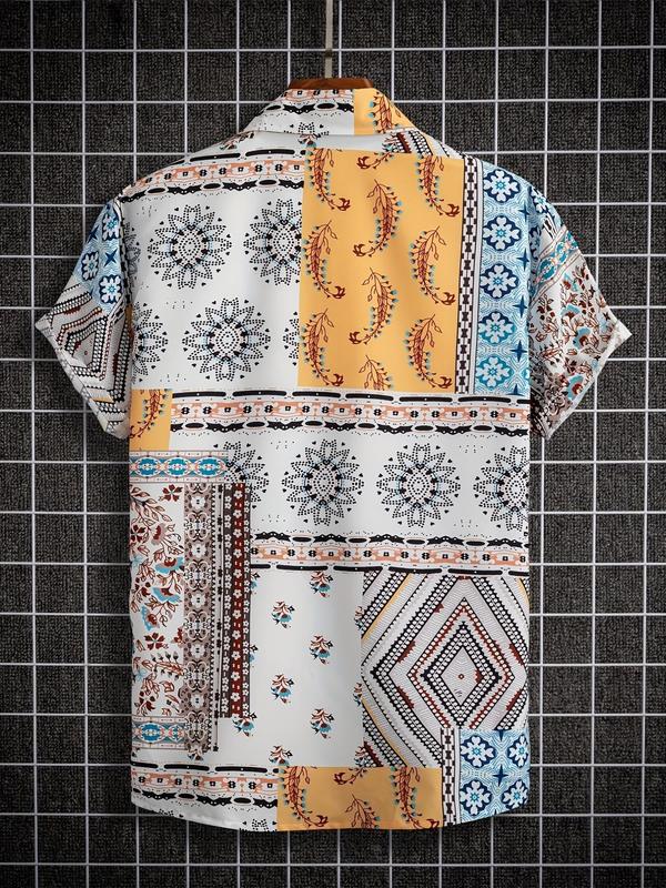 Men's Summer Clothes, Loose Boho Ethnic Pattern Short Sleeve Shirt, Casual Button Front Summer Top For Outdoor Beach Activities, Without Necklace & Tee