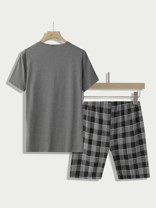 Men's Solid Pocket Tee & Plaid Print Elastic Waist Shorts Pyjama Set, Regular Fit Round Neck Short Sleeve T-shirt & Shorts Pj Set, Casual Comfy Men's Sleepwear & Loungewear Set for All Seasons