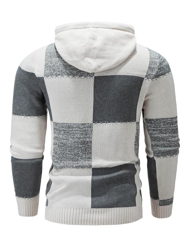 Men's Patchwork Print Drawstring Hoodie Sweater, Casual Regular Fit Long Sleeve Jumper for Fall & Winter, Fall Sweaters, Fashion Men's Knitwear for Daily Wear