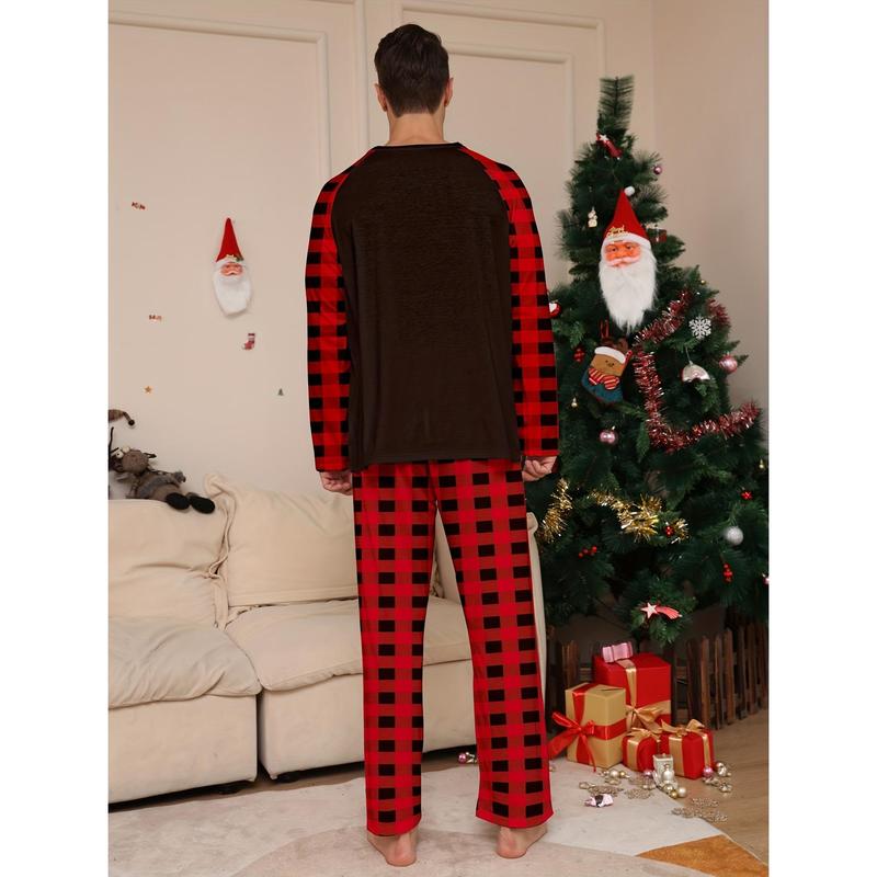 Men's Casual Christmas Home Pajamas Suit, Cute Reindeer Cartoon Print Comfortable Long Sleeve round-Neck Sweater and Plaid Loose Pants, Men's Outdoor Clothing