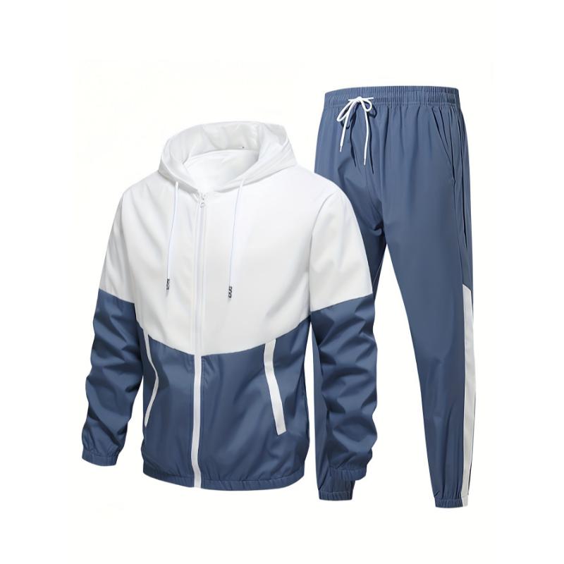 Men's 2-Piece Sportswear Set, Contrast Color Hoodie Jacket And Solid Sports Pants, Casual And Trendy Set For Outdoors And Sports Wear snowboarding outfit Clothing Menswear