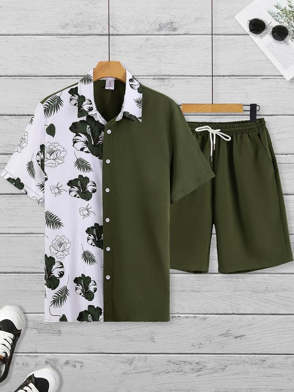 Two-Piece Set Men's Regular Fit Colorblock Floral Print Back To School Shirt & Drawstring Pocket Shorts Set, Men's 2 Piece Short Set, Men's Designer Outfits Set, Button Front Shirt & Elastic Waist Shorts, Boho Casual Men's Two-piece Outfits for Summer