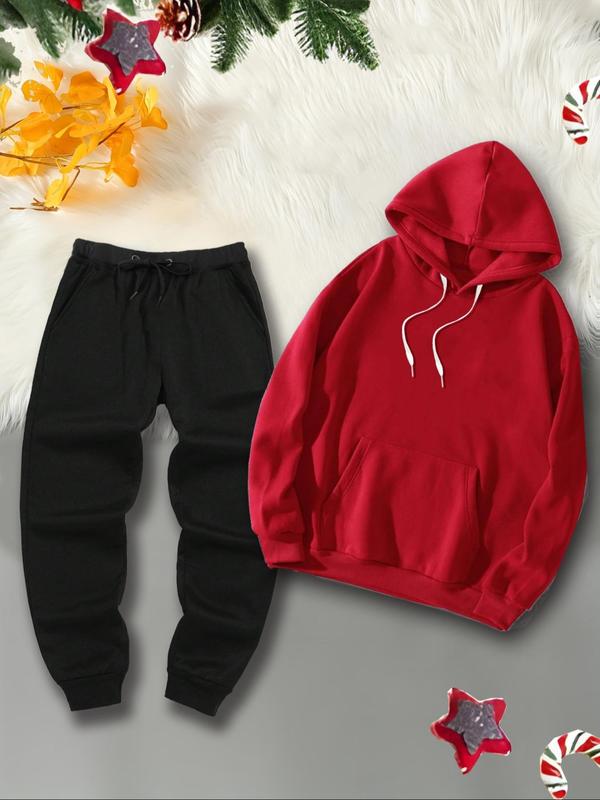 Men's Regular Fit Santa Claus Print Hoodie & Drawstring Waist Sweatpants Set, Casual Long Sleeve Pocket Hooded Sweatshirt & Pocket Jogger Pants, Men's Two-piece Outfits for Fall & Winter