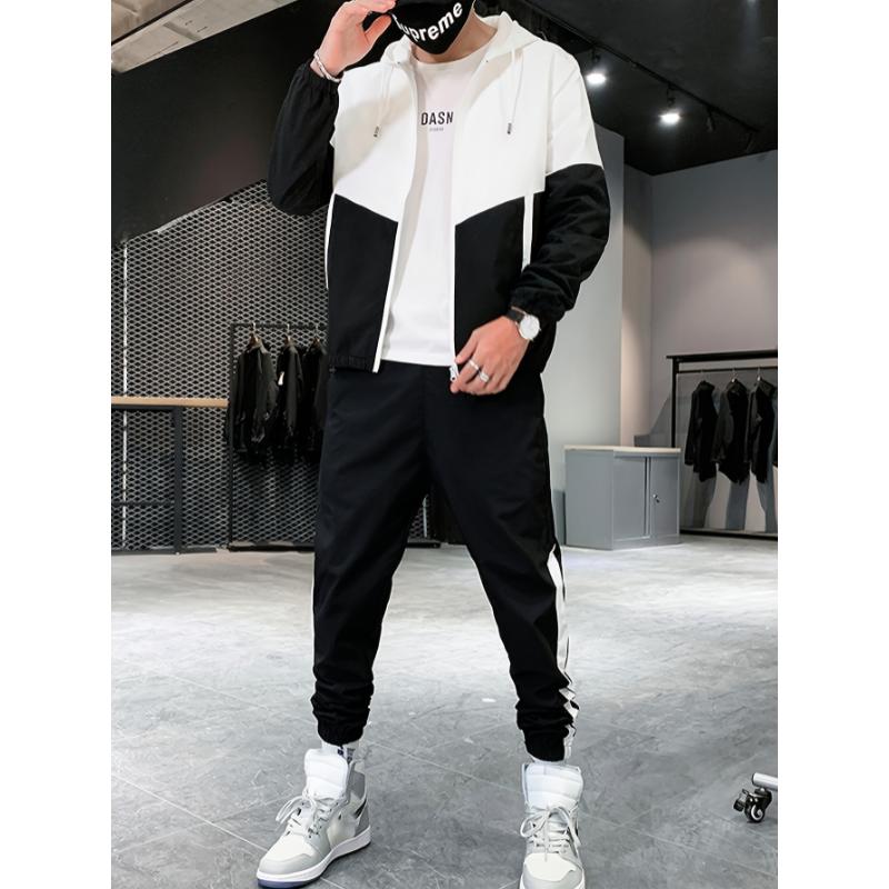 Men's 2-Piece Sportswear Set, Contrast Color Hoodie Jacket And Solid Sports Pants, Casual And Trendy Set For Outdoors And Sports Wear snowboarding outfit Clothing Menswear