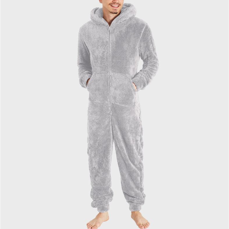 New Men's Fleece-lined Thick Furry Jumpsuit Hooded Pajamas Men's Clothing