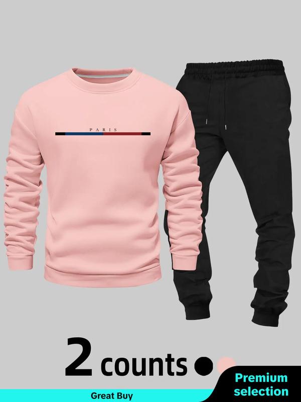 Two-piece Set Men's Letter Print Thermal Lined Sweatshirt & Drawstring Waist Sweatpants Set, Casual Round Neck Long Sleeve Pullover & Elastic Waist Pocket Jogger Pants, Two-piece Outfits for Fall & Winter