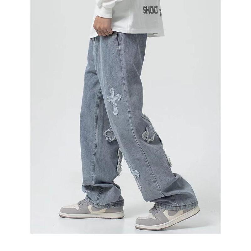 High Street Cross Jeans Men's Spring and Autumn Hip Hop Straight Loose Wide-Leg Pants Fashion