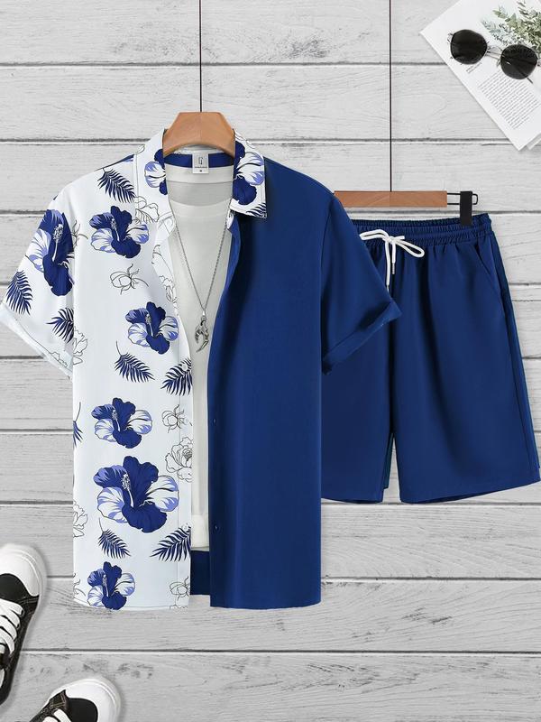 Two-Piece Set Men's Regular Fit Colorblock Floral Print Back To School Shirt & Drawstring Pocket Shorts Set, Men's 2 Piece Short Set, Men's Designer Outfits Set, Button Front Shirt & Elastic Waist Shorts, Boho Casual Men's Two-piece Outfits for Summer