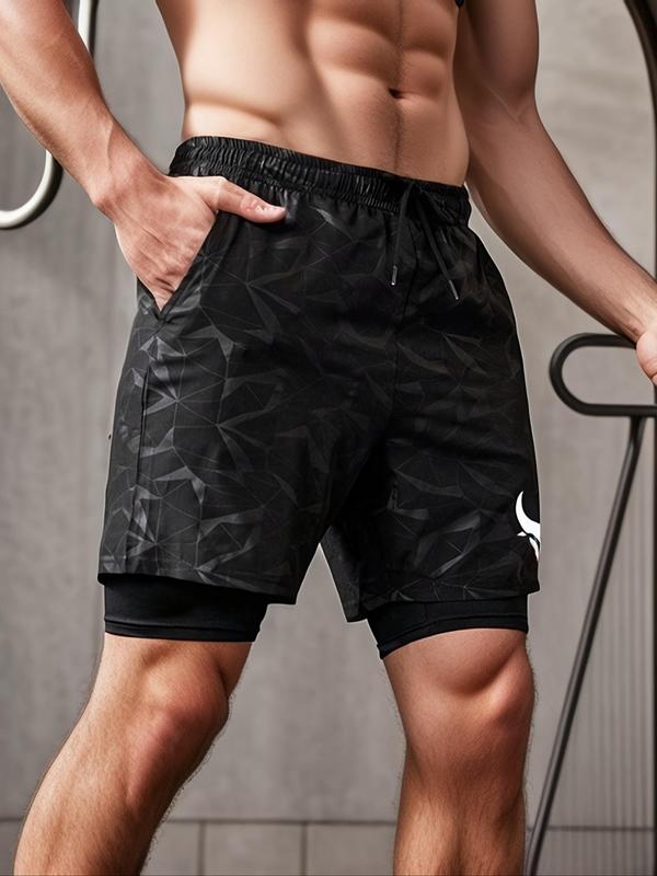 Men's Geometric & Bull Print Drawstring Waist 2 IN 1 Shorts, Regular Fit Casual Pocket Shorts for Summer, Men's Bottoms for Daily Wear