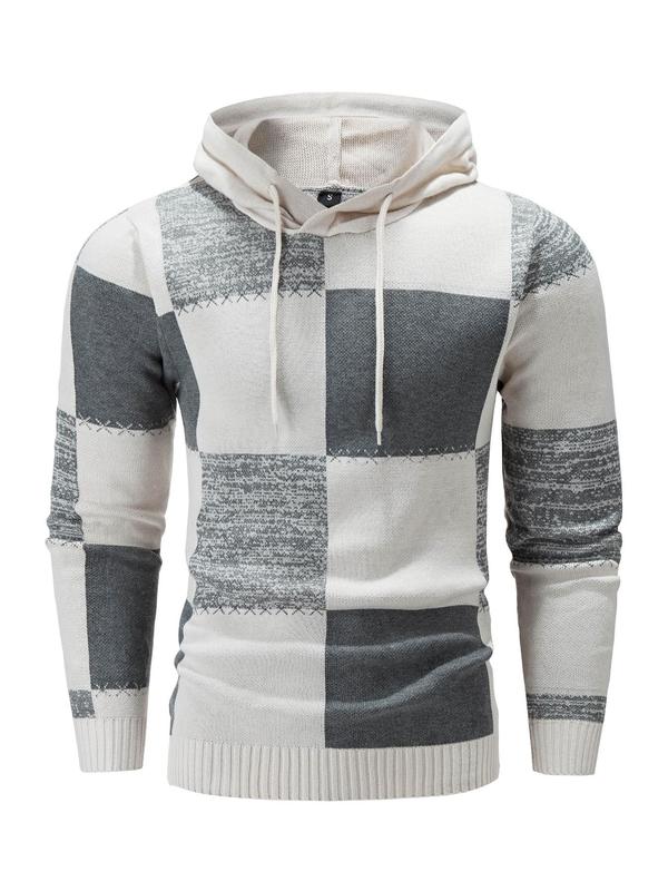 Men's Patchwork Print Drawstring Hoodie Sweater, Casual Regular Fit Long Sleeve Jumper for Fall & Winter, Fall Sweaters, Fashion Men's Knitwear for Daily Wear