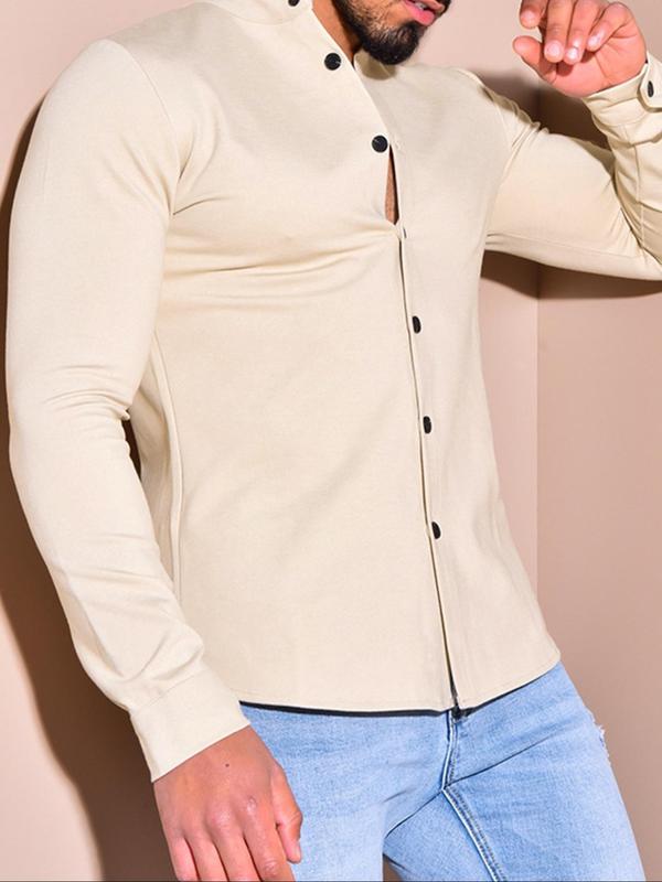 Men's Regular Fit Solid Button Front Stand Collar Shirt, Casual Long Sleeve Top for Fall & Winter, Men's Clothes for Daily Wear