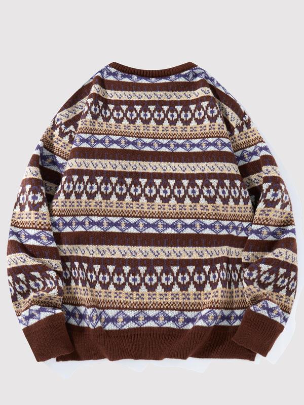 Men's Ethnic Pattern Drop Shoulder Sweater Pullover, Casual Regular Fit Long Sleeve Round Neck Jumper for Fall & Winter, Men's Knitwear for Daily Wear