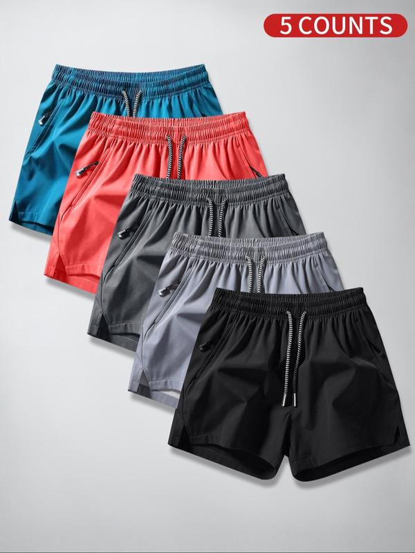 Men's Solid Drawstring Waist Split Hem Shorts, Casual Breathable Athleisure  Active Wear  Zipper Pocket Shorts Sports Wear for Summer, Daily Wear Shorts for Men, Athletic Wear Gym Shorts