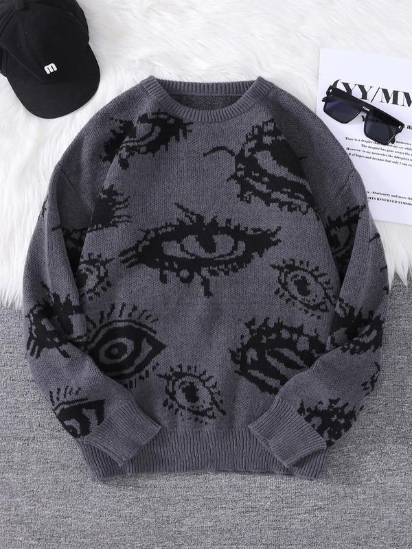 Men's All Over Eye Print drop shoulder Y2K sweater, fall sweaters, regular fit casual comfy long sleeve round neck jumper, men's fall knitwear for daily wear tops Menswear Longsleeves