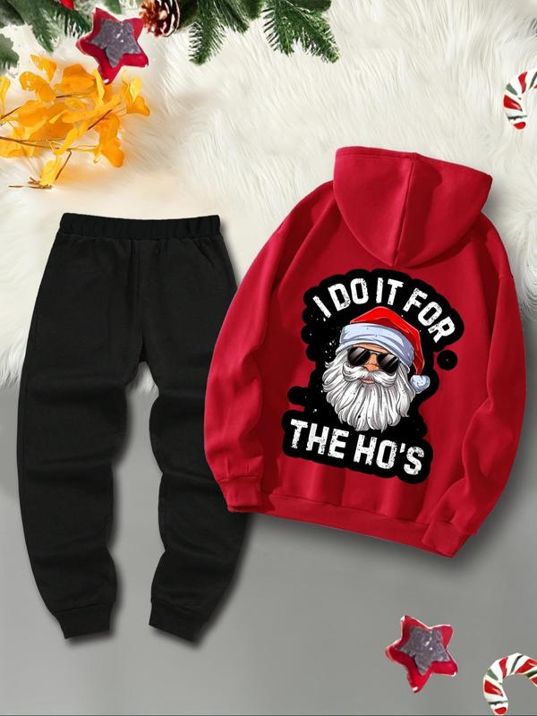 Men's Regular Fit Santa Claus Print Hoodie & Drawstring Waist Sweatpants Set, Casual Long Sleeve Pocket Hooded Sweatshirt & Pocket Jogger Pants, Men's Two-piece Outfits for Fall & Winter