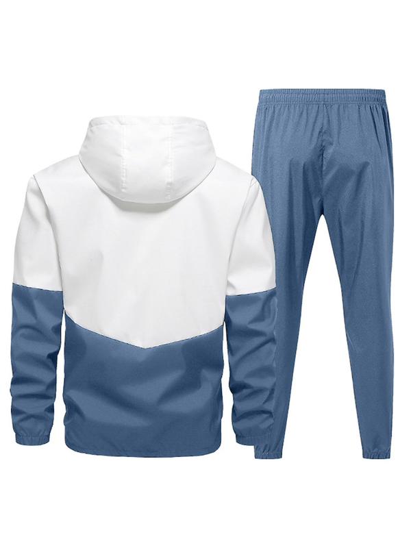 2 Pieces Men's Colorblock Print Hooded Jacket & Drawstring Waist Pants Set, Streetwear, Casual Regular Fit Hooded Outwear & Jogger Pants For Daily Wear, Men Two-piece Outfits, Please Purchase A Size Up