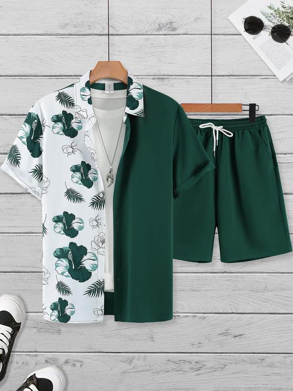 Two-Piece Set Men's Regular Fit Colorblock Floral Print Back To School Shirt & Drawstring Pocket Shorts Set, Men's 2 Piece Short Set, Men's Designer Outfits Set, Button Front Shirt & Elastic Waist Shorts, Boho Casual Men's Two-piece Outfits for Summer