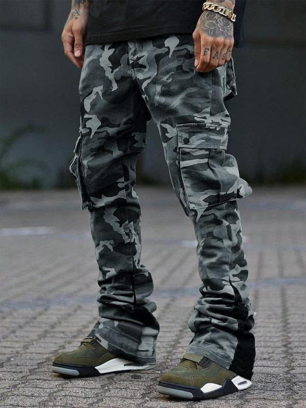 Men's Camo Print Drawstring Waist Cargo Pants, Regular Fit Street Fashion Pocket Split Hem Trousers, Pants for Men, Men's Back To School Bottoms for All Seasons Daily Wear, Fall Outfits, Fallfreshness