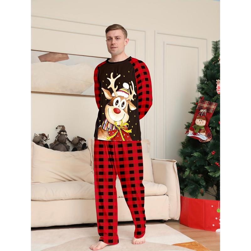 Men's Casual Christmas Home Pajamas Suit, Cute Reindeer Cartoon Print Comfortable Long Sleeve round-Neck Sweater and Plaid Loose Pants, Men's Outdoor Clothing