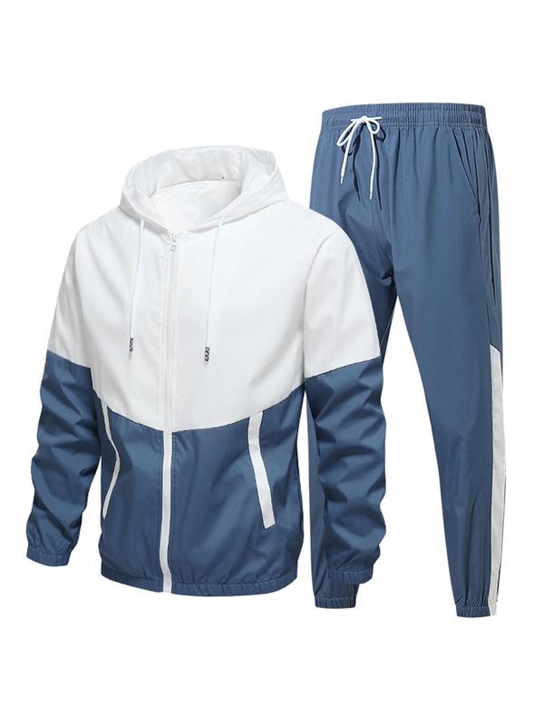 2 Pieces Men's Colorblock Print Hooded Jacket & Drawstring Waist Pants Set, Streetwear, Casual Regular Fit Hooded Outwear & Jogger Pants For Daily Wear, Men Two-piece Outfits, Please Purchase A Size Up