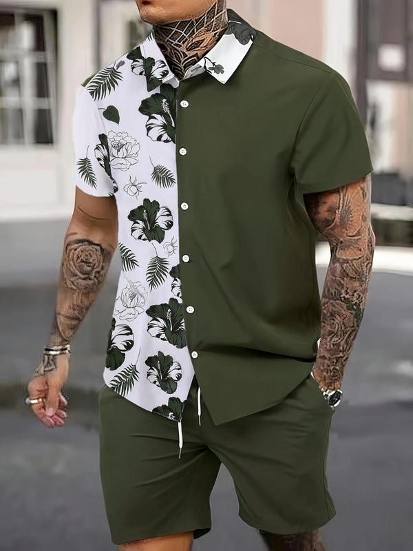 Two-Piece Set Men's Regular Fit Colorblock Floral Print Back To School Shirt & Drawstring Pocket Shorts Set, Men's 2 Piece Short Set, Men's Designer Outfits Set, Button Front Shirt & Elastic Waist Shorts, Boho Casual Men's Two-piece Outfits for Summer