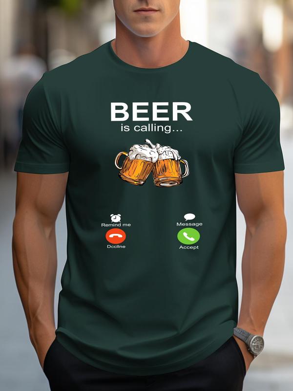 Men's Beer & Letter Graphic Round Neck Shortsleeve Tee, Back To School Streetwear Casual Comfy Soft Regular Fit Short Sleeve Crewneck T-shirt for Summer, T Shirts for Men, Graphic Tees, Knitting Top for Men, Menswear,  Birthday Gifts