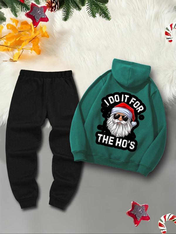 Men's Regular Fit Santa Claus Print Hoodie & Drawstring Waist Sweatpants Set, Casual Long Sleeve Pocket Hooded Sweatshirt & Pocket Jogger Pants, Men's Two-piece Outfits for Fall & Winter