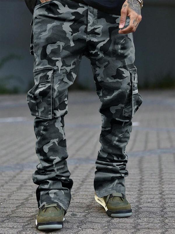 Men's Camo Print Drawstring Waist Cargo Pants, Regular Fit Street Fashion Pocket Split Hem Trousers, Pants for Men, Men's Back To School Bottoms for All Seasons Daily Wear, Fall Outfits, Fallfreshness