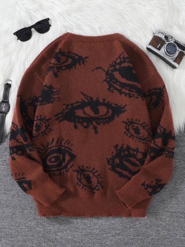 Men's All Over Eye Print drop shoulder Y2K sweater, fall sweaters, regular fit casual comfy long sleeve round neck jumper, men's fall knitwear for daily wear tops Menswear Longsleeves