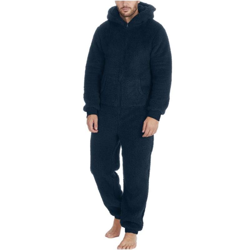 New Men's Fleece-lined Thick Furry Jumpsuit Hooded Pajamas Men's Clothing