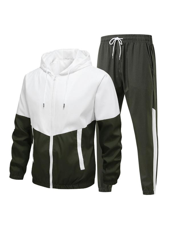 2 Pieces Men's Colorblock Print Hooded Jacket & Drawstring Waist Pants Set, Streetwear, Casual Regular Fit Hooded Outwear & Jogger Pants For Daily Wear, Men Two-piece Outfits, Please Purchase A Size Up