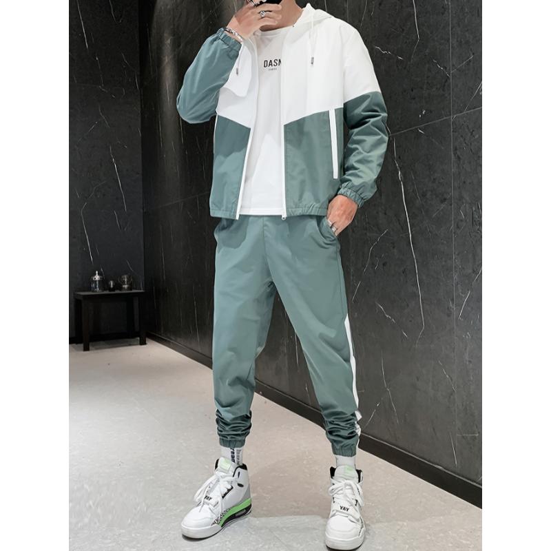 Men's 2-Piece Sportswear Set, Contrast Color Hoodie Jacket And Solid Sports Pants, Casual And Trendy Set For Outdoors And Sports Wear snowboarding outfit Clothing Menswear