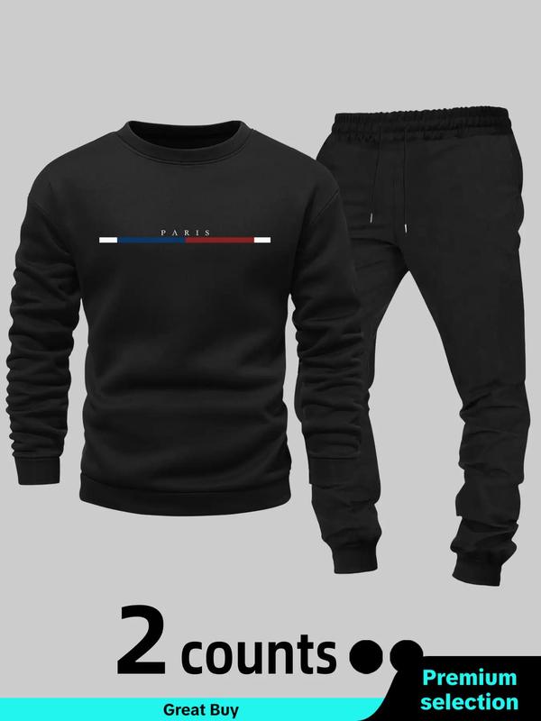 Two-piece Set Men's Letter Print Thermal Lined Sweatshirt & Drawstring Waist Sweatpants Set, Casual Round Neck Long Sleeve Pullover & Elastic Waist Pocket Jogger Pants, Two-piece Outfits for Fall & Winter