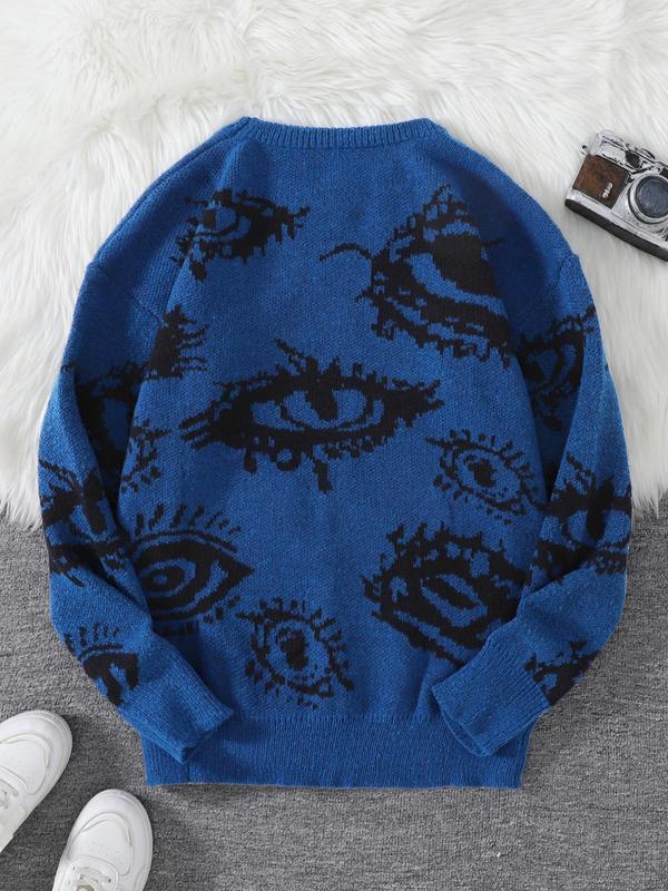 Men's All Over Eye Print drop shoulder Y2K sweater, fall sweaters, regular fit casual comfy long sleeve round neck jumper, men's fall knitwear for daily wear tops Menswear Longsleeves