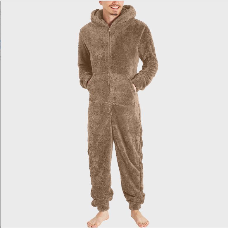 New Men's Fleece-lined Thick Furry Jumpsuit Hooded Pajamas Men's Clothing