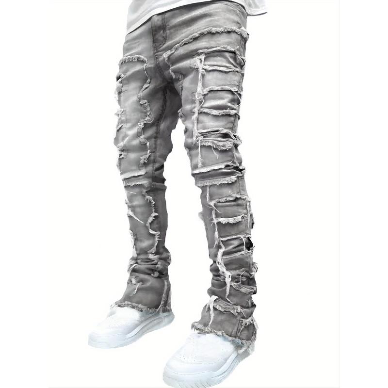 Men's Casual Slim Fit Jeans, Stylish Embroidered Patchwork Detail, Men's Versatile Street Style Denim Pants For All Seasons