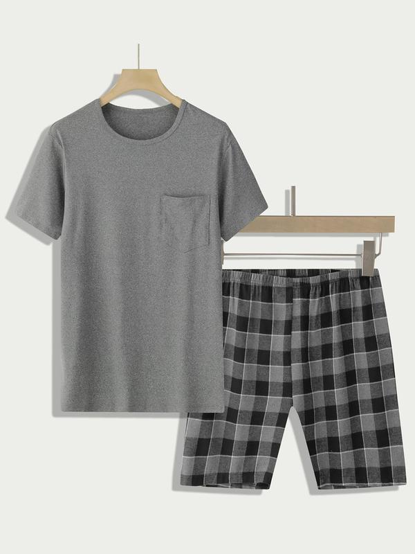 Men's Solid Pocket Tee & Plaid Print Elastic Waist Shorts Pyjama Set, Regular Fit Round Neck Short Sleeve T-shirt & Shorts Pj Set, Casual Comfy Men's Sleepwear & Loungewear Set for All Seasons