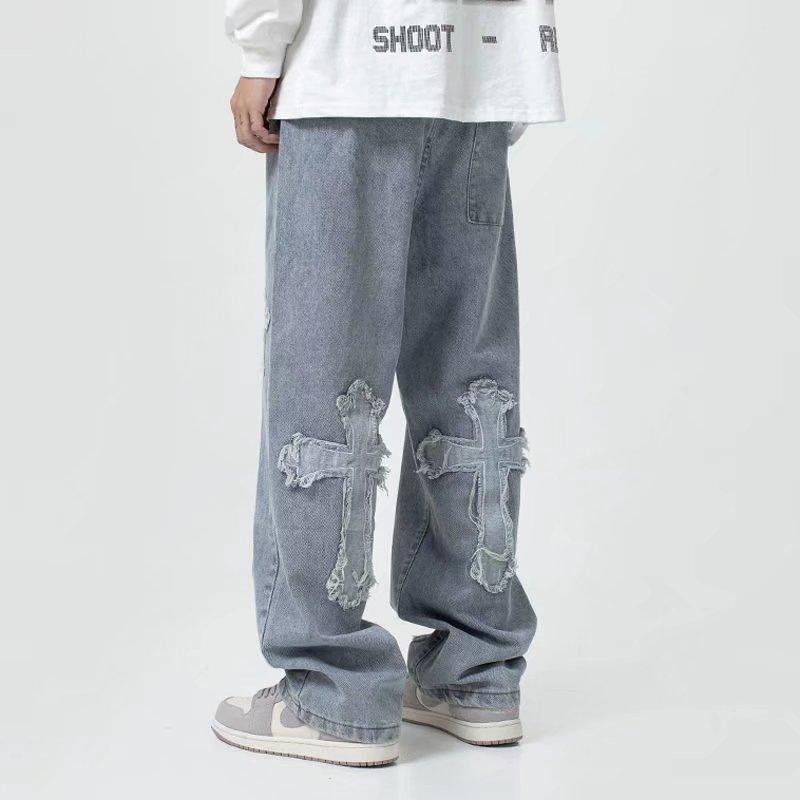 High Street Cross Jeans Men's Spring and Autumn Hip Hop Straight Loose Wide-Leg Pants Fashion